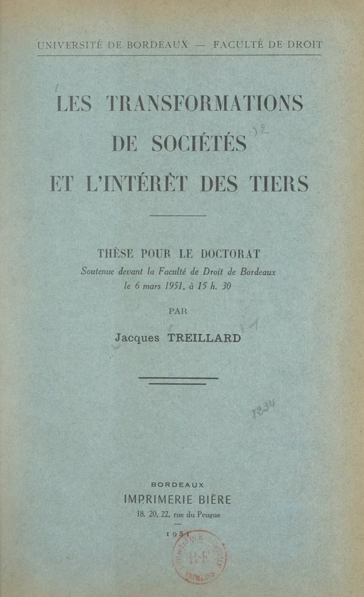 Les transformations de sociétés et l'intérêt des tiers - Jacques Treillard - FeniXX réédition numérique