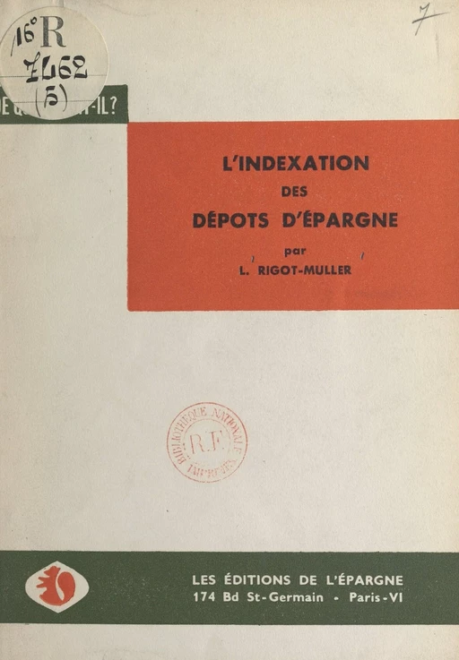 L'indexation des dépôts d'épargne - Léon Rigot-Muller - FeniXX réédition numérique