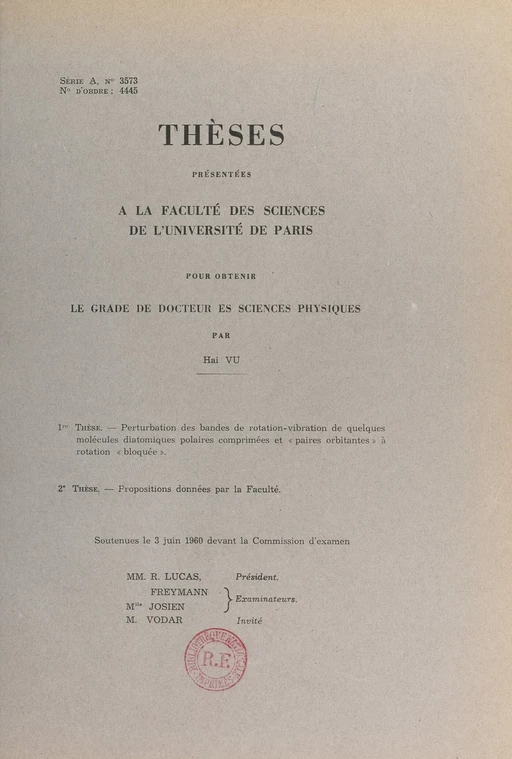 Perturbation des bandes de rotation-vibration de quelques molécules diatomiques polaires comprimées et "paires orbitantes" à rotation "bloquée" -  Hai Vu - FeniXX réédition numérique