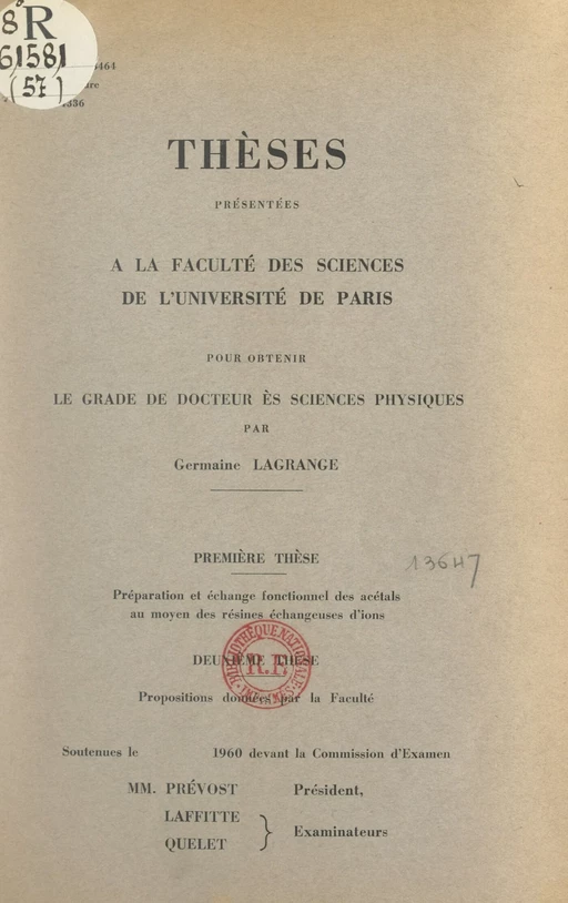 Préparation et échange fonctionnel des acétals au moyen des résines échangeuses d'ions - Germaine Lagrange - FeniXX réédition numérique