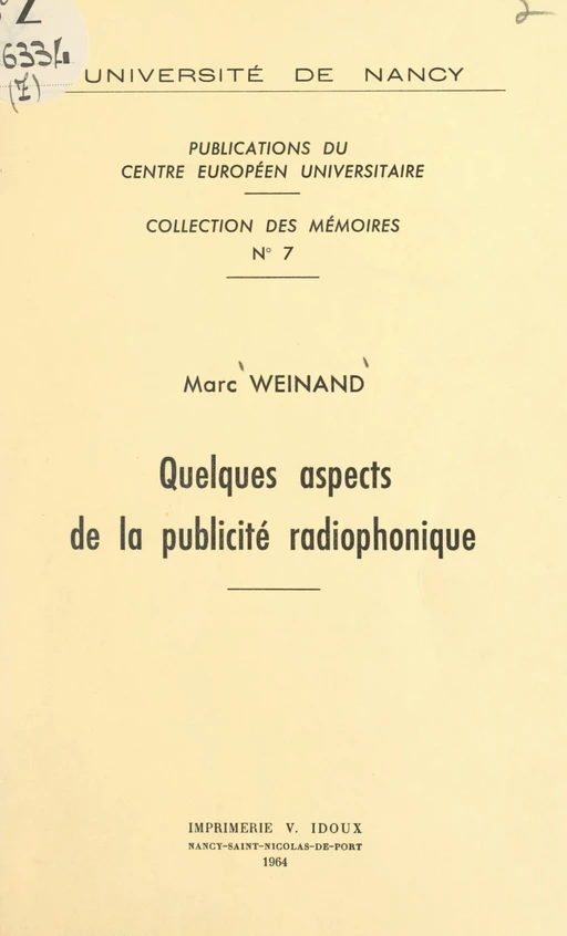 Quelques aspects de la publicité radiophonique - Marc Weinand - FeniXX réédition numérique