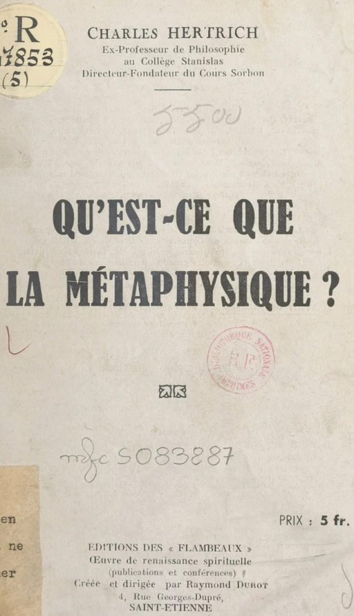 Qu'est-ce que la métaphysique ? - Charles Hertrich - FeniXX réédition numérique