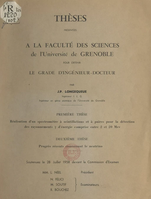 Réalisation d'un spectromètre à scintillations et à paires pour la détection des rayonnements d'énergie comprise entre 2 et 20 Mev - Jean-Pierre Longequeue - FeniXX réédition numérique