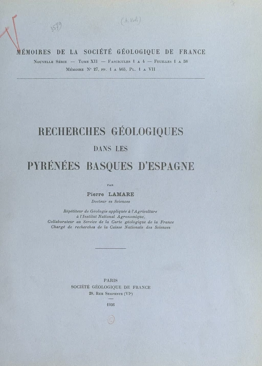 Recherches géologiques dans les Pyrénées basques d'Espagne - Pierre Lamare - FeniXX réédition numérique