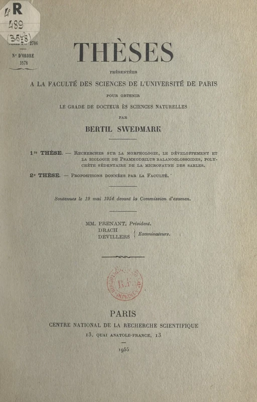 Recherches sur la morphologie, le développement et la biologie de Psammodrilus Balanoglossoides, polychète sédentaire de la microfaune des sables - Bertil Swedmark - FeniXX réédition numérique