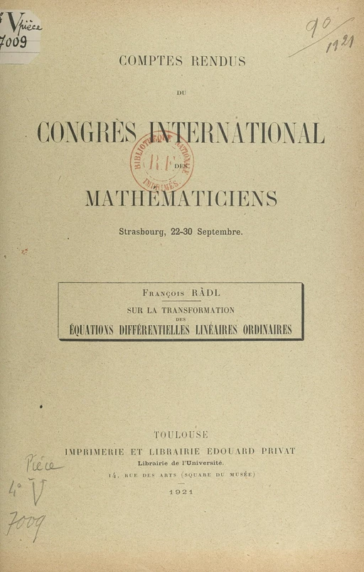 Sur la transformation des équations différentielles linéaires ordinaires - François Rádl - FeniXX réédition numérique