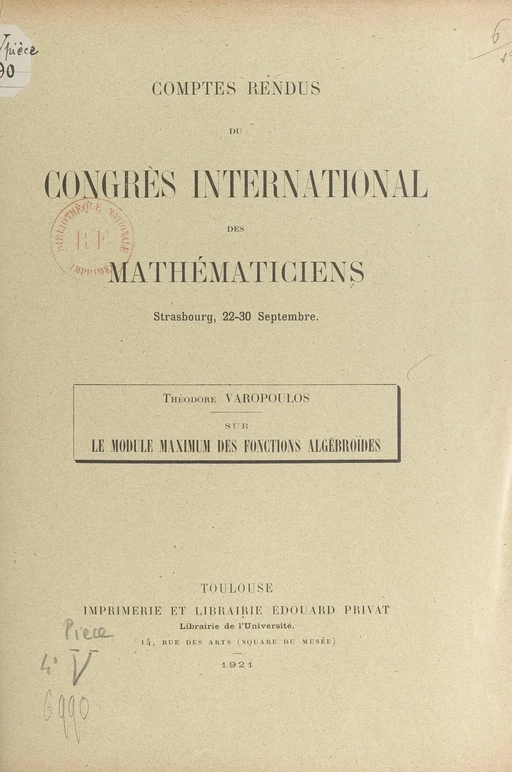 Sur le module maximum des fonctions algébroïdes - Théodore Varopoulos - FeniXX réédition numérique