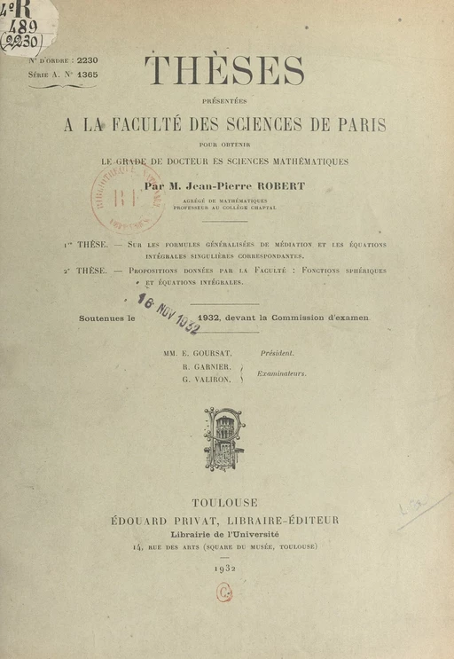 Sur les formules généralisées de médiation et les équations intégrales singulières correspondantes - Jean-Pierre Robert - FeniXX réédition numérique