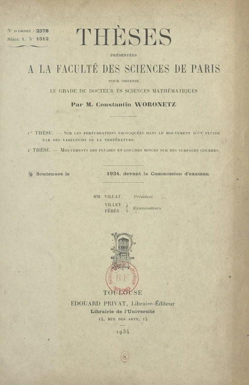 Sur les perturbations provoquées dans le mouvement d'un fluide par des variations de la température - Constantin Woronetz - FeniXX réédition numérique