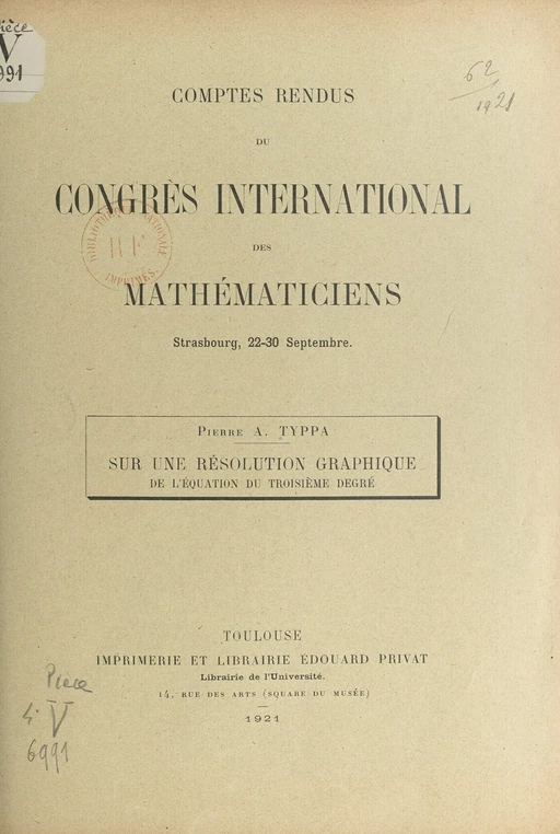 Sur une résolution graphique de l'équation du troisième degré - Pierre A. Typpa - FeniXX réédition numérique