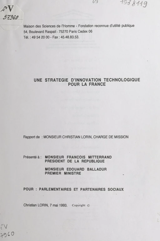 Une stratégie d'innovation technologique pour la France - Christian Lorin - FeniXX réédition numérique