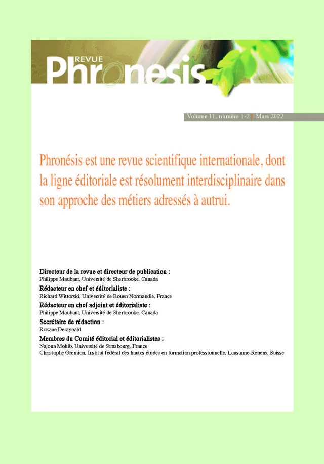 Phronesis. Vol. 11, numéro 1-2 | 2022. Les configurations plurielles de la pédagogie de, par, en (l')alternance - Philippe Maubant, Christophe Grémion - Champ social Editions