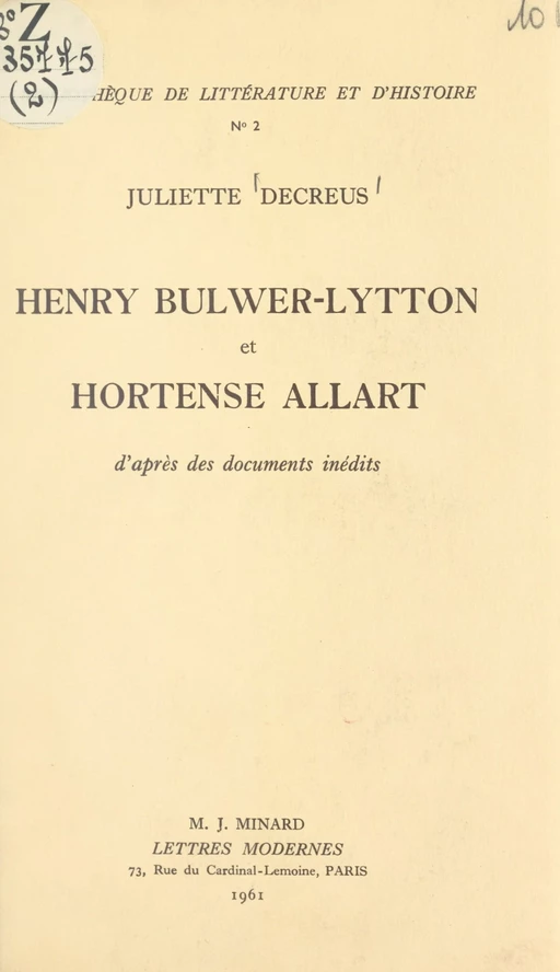 Henry Bulwer-Lytton et Hortense Allart - Juliette Decreus - FeniXX réédition numérique