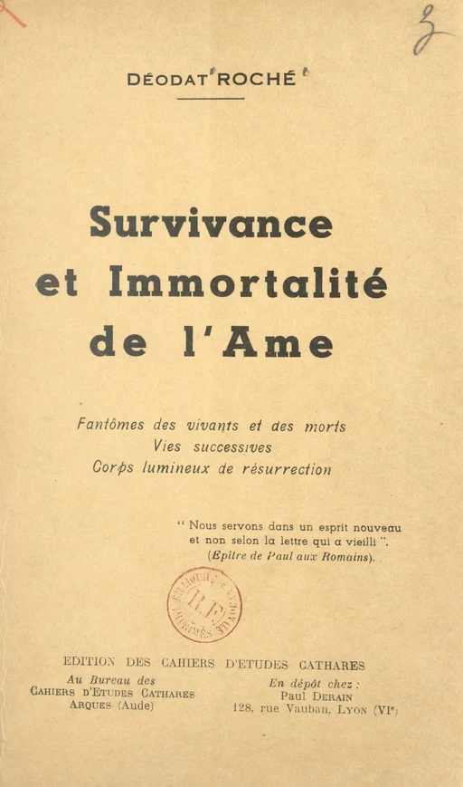 Survivance et immortalité de l'âme - Déodat Roché - FeniXX réédition numérique