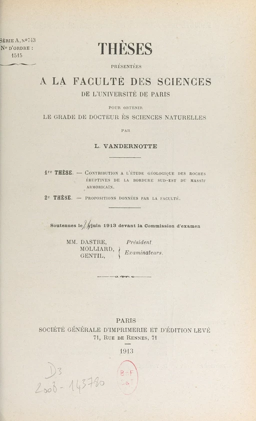 Contribution à l'étude géologique des roches éruptives de la bordure sud-est du massif armoricain - Louis Vandernotte - FeniXX réédition numérique