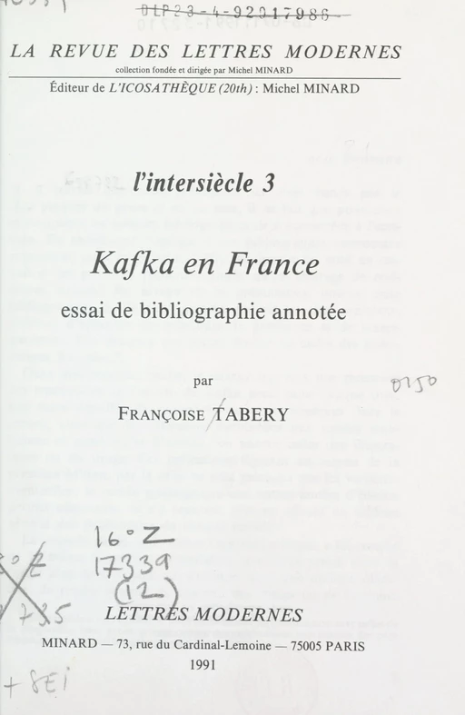 L'intersiècle (3). Kafka en France - Françoise Tabery - FeniXX réédition numérique