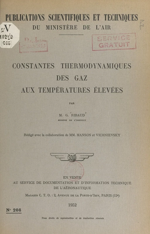 Constantes thermodynamiques des gaz aux températures élevées - Numa Manson, Gustave Ribaud, Rostislav Vichnievsky - FeniXX réédition numérique