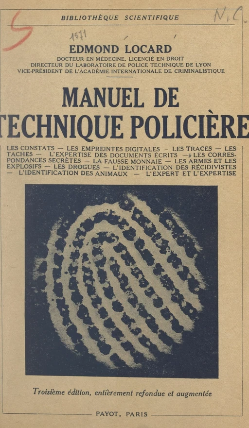 Manuel de technique policière - Edmond Locard - FeniXX réédition numérique