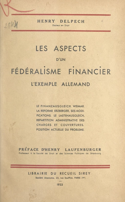 Les aspects d'un fédéralisme financier - Henry Delpech - FeniXX réédition numérique