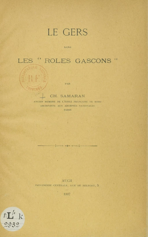 Le Gers dans les "Rôles gascons" - Charles Samaran - FeniXX réédition numérique