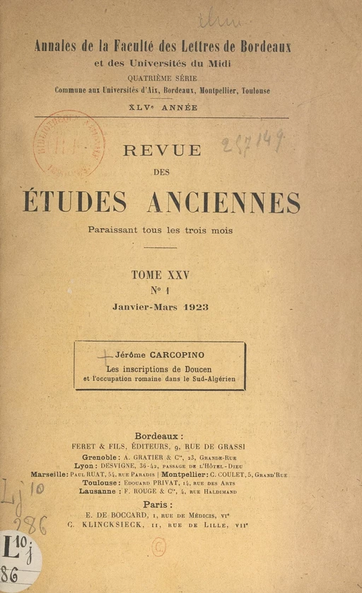 Les inscriptions de Doucen et l'occupation romaine dans le Sud-Algérien - Jérôme Carcopino - FeniXX réédition numérique