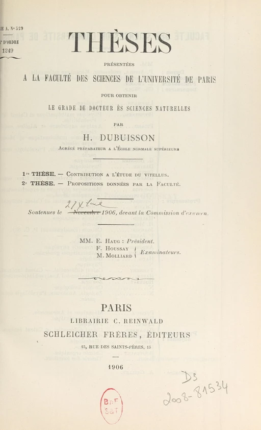 Contribution à l'étude du vitellus - H. Dubuisson - FeniXX réédition numérique