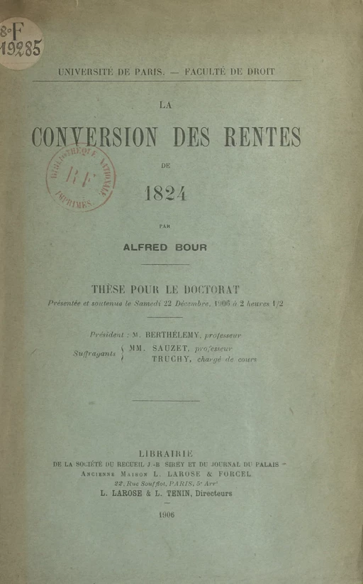 La conversion des rentes de 1824 - Alfred Bour - FeniXX réédition numérique