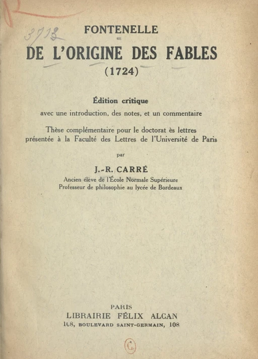 Fontenelle : de l'origine des fables (1724) - Jean-Raoul Carré - FeniXX réédition numérique