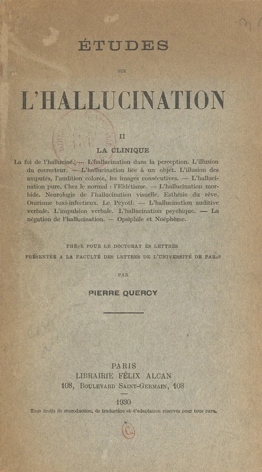 Études sur l'hallucination (2). La clinique - Pierre Quercy - FeniXX réédition numérique