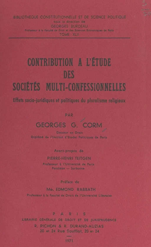 Contribution à l'étude des sociétés multi-confessionnelles - Georges Corm - FeniXX réédition numérique