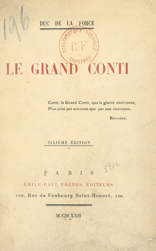 Le grand Conti - Auguste de La Force - FeniXX réédition numérique