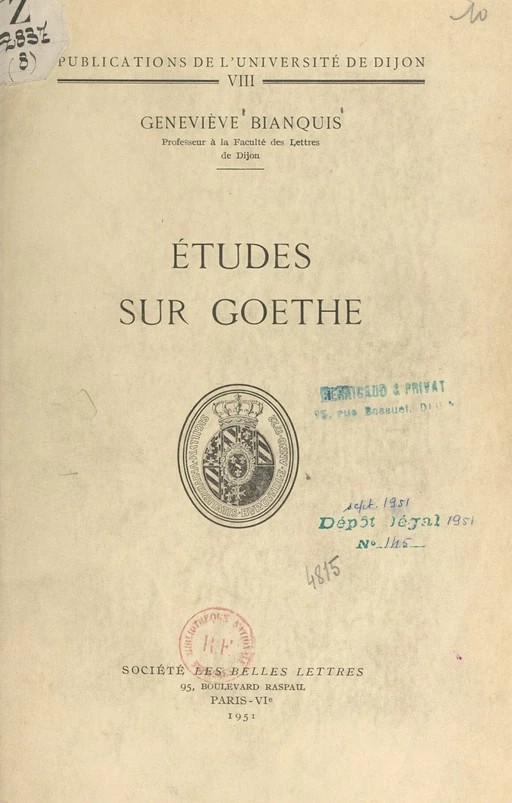 Études sur Goethe - Geneviève Bianquis - FeniXX réédition numérique