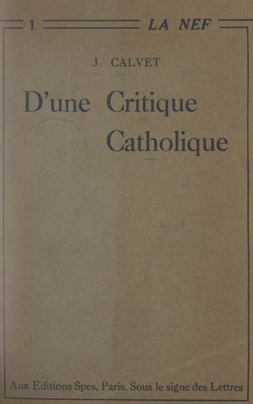 D'une critique catholique - Jean Calvet - FeniXX réédition numérique