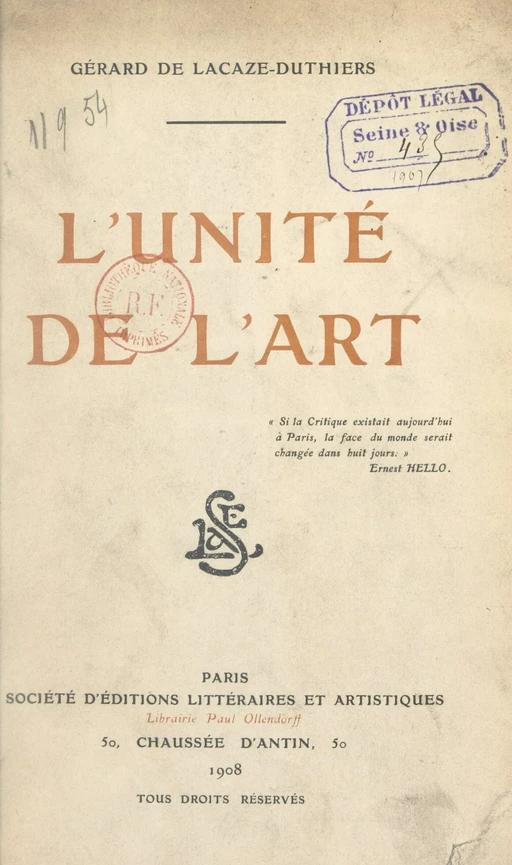 L'unité de l'art - Gérard de Lacaze-Duthiers - FeniXX réédition numérique