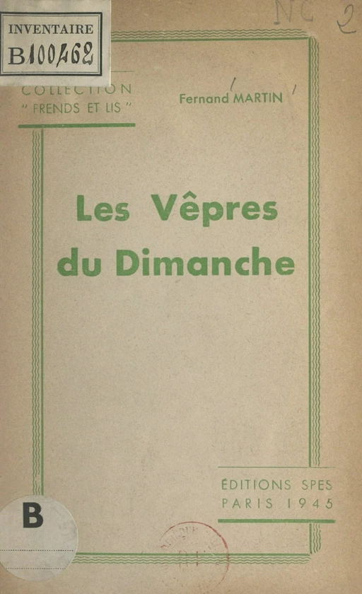 Les vêpres du dimanche - Fernand Martin - FeniXX réédition numérique