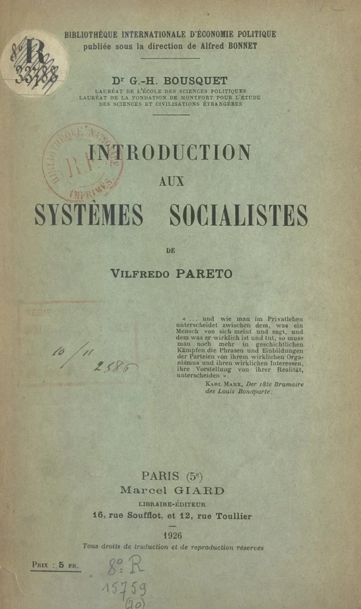 Introduction aux systèmes socialistes de Vilfredo Pareto - Georges-Henri Bousquet - FeniXX réédition numérique