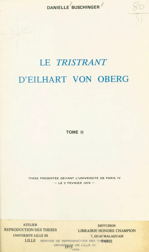 Le « Tristrant », d'Eilhart von Oberg (2) - Danielle Buschinger - FeniXX réédition numérique