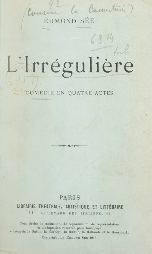 L'irrégulière - Edmond Sée - FeniXX réédition numérique