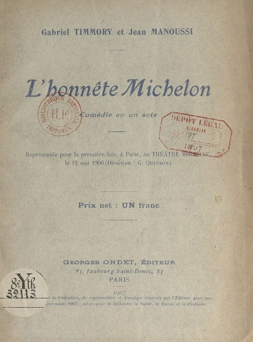 L'honnête Michelon - Jean Manoussi, Gabriel Timmory - FeniXX réédition numérique