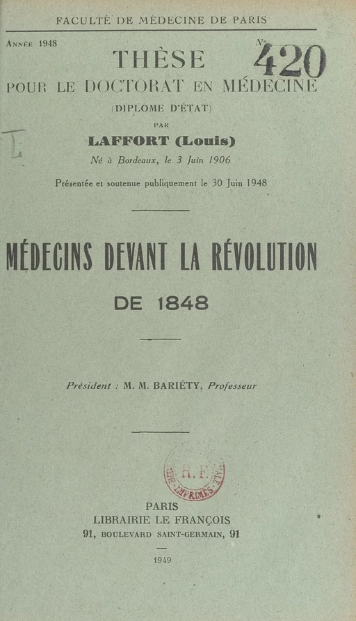 Médecins devant la Révolution de 1848 - Louis Laffort - FeniXX réédition numérique