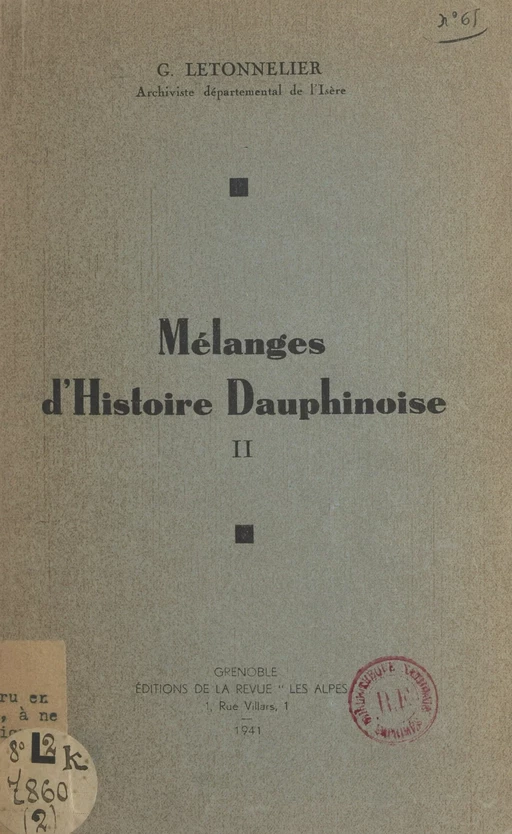 Mélanges d'histoire dauphinoise (2) - Gaston Letonnelier - FeniXX réédition numérique