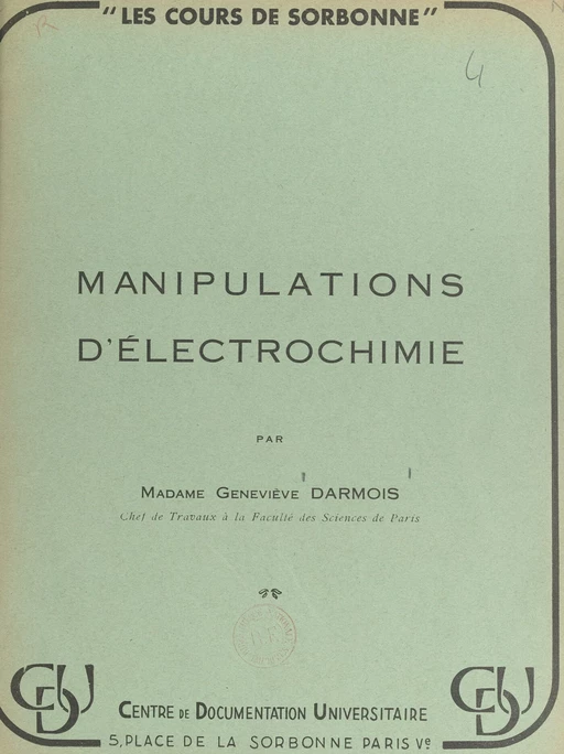 Manipulations d'électrochimie - Geneviève Darmois - FeniXX réédition numérique