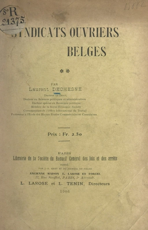 Syndicats ouvriers belges - Laurent Dechesne - FeniXX réédition numérique