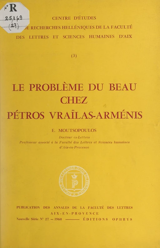 Le problème du beau chez Pétros Vraïlas-Arménis - Euággelos Moutsopoulos - FeniXX réédition numérique