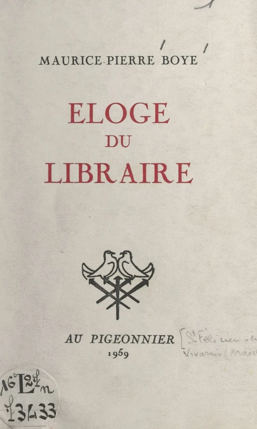 Éloge du libraire - Maurice-Pierre Boyé - FeniXX réédition numérique