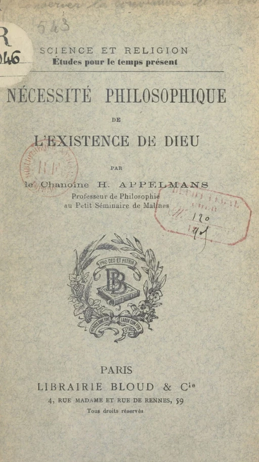 Nécessité philosophique de l'existence de Dieu - H. Appelmans - FeniXX réédition numérique