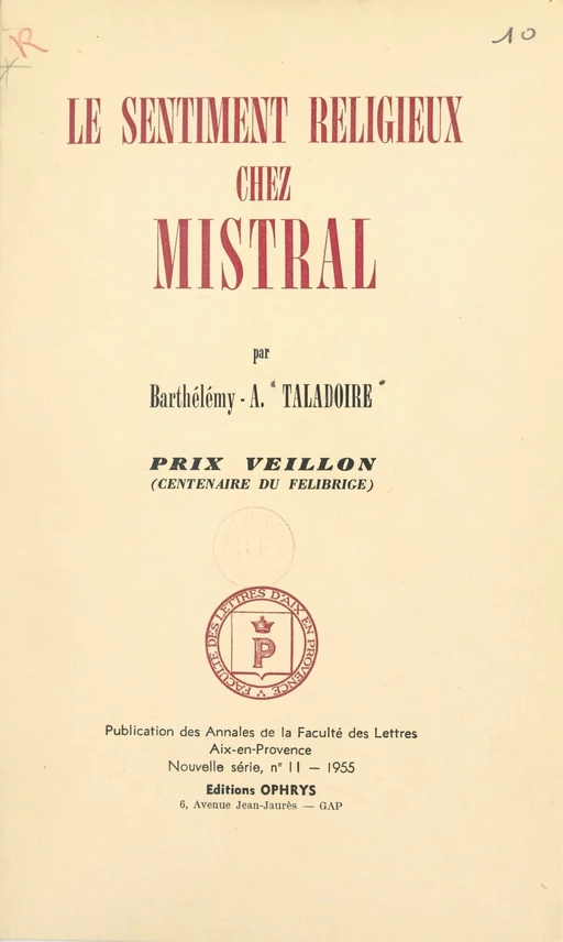 Le sentiment religieux chez Mistral - Barthélémy-Antonin Taladoire - FeniXX réédition numérique