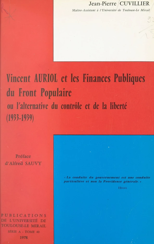 Vincent Auriol et les finances publiques du Front populaire - Jean-Pierre Cuvillier - FeniXX réédition numérique