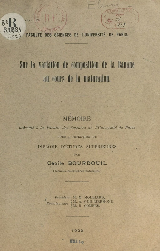 Sur la variation de composition de la banane au cours de la maturation - Cécile Bourdouil - FeniXX réédition numérique