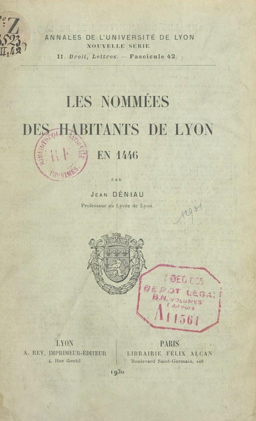 Les nommées des habitants de Lyon en 1446 - Jean Déniau - FeniXX réédition numérique